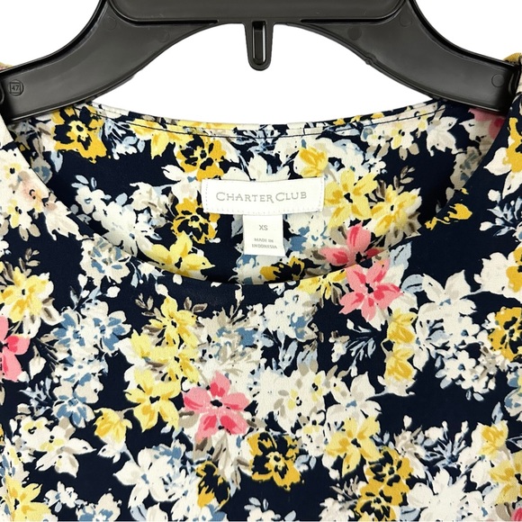 CHARTER CLUB | Navy White Yellow Sleeveless Floral Belted A-Line Midi Dress XS - Picture 11 of 15